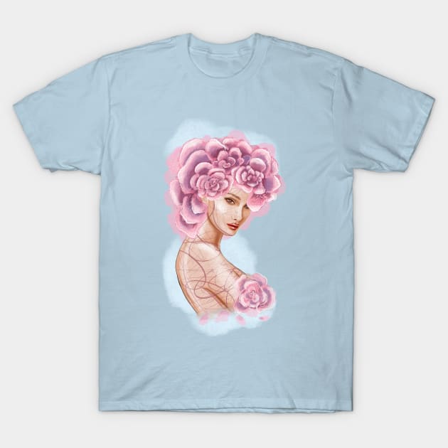 Pretty young girl with flowers in hair. T-Shirt by Olena Tyshchenko